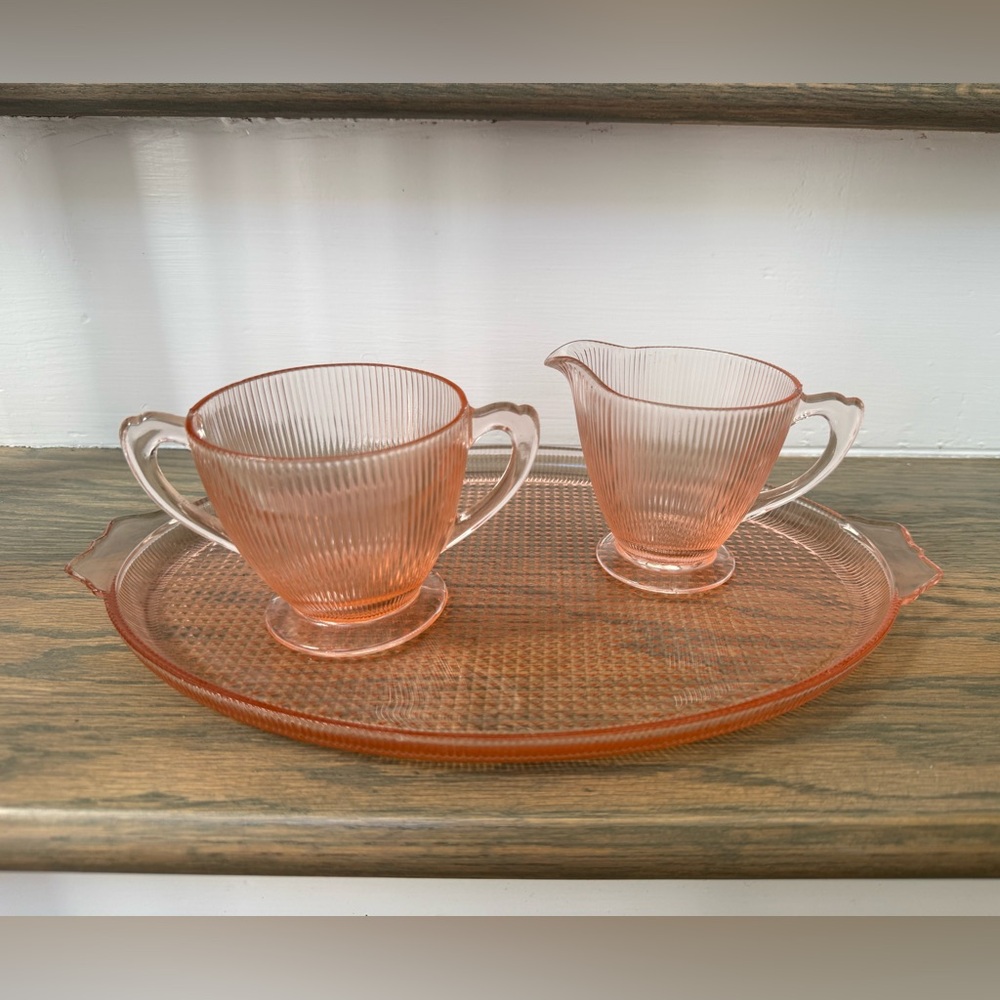 Vintage Jeannette Depression Glass Pink Creamer and Sugar Bowl Set With Tray